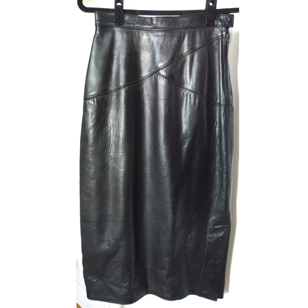 Vintage 90s black leather midi cigarette skirt